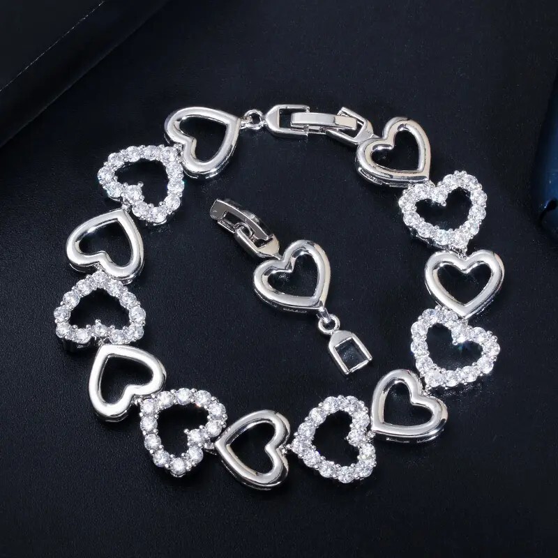 Heart Link Bracelet with Diamonds in White or Yellow Gold Plate (lab-created)