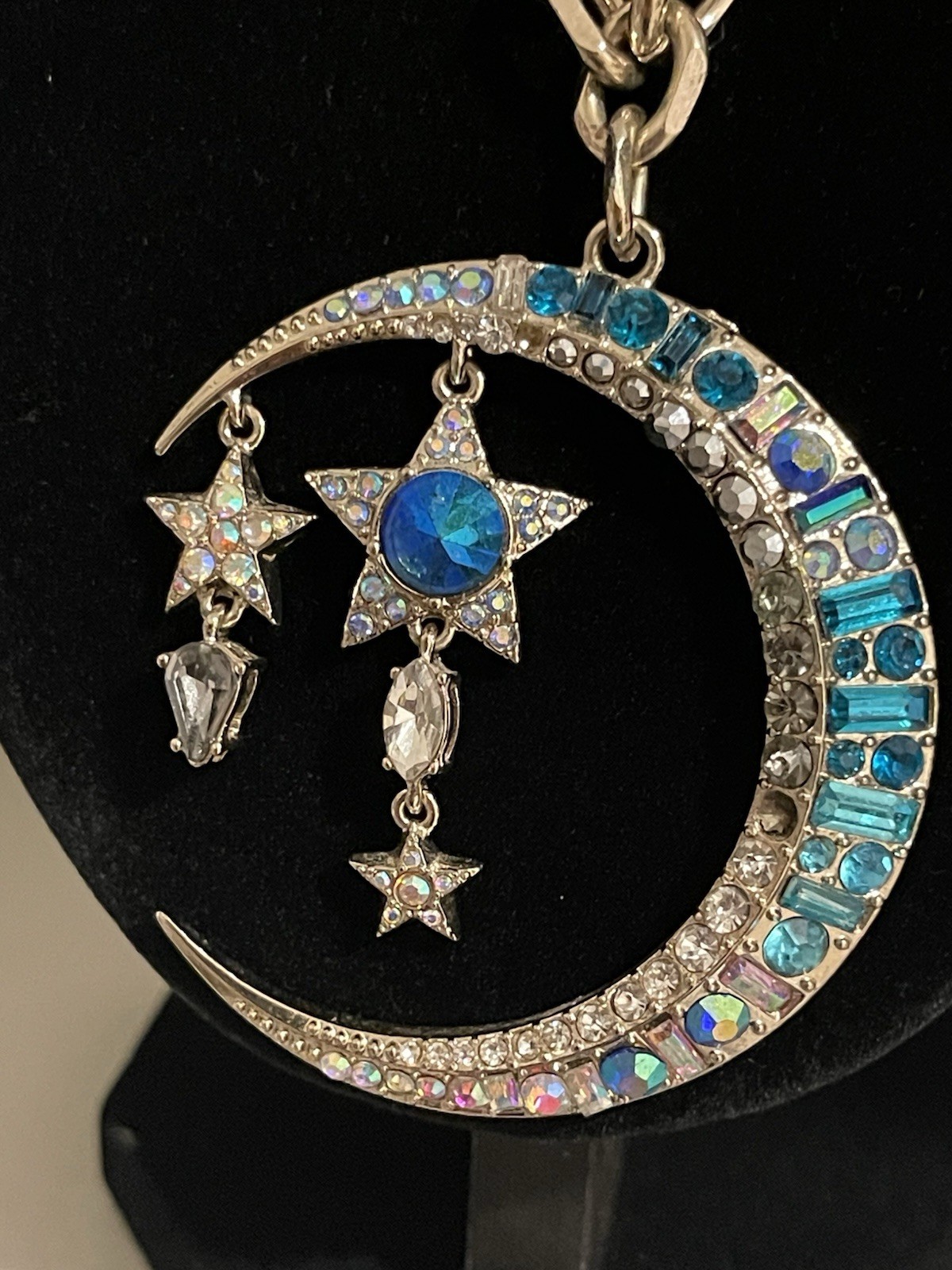 Betsey Johnson Blue Crystal Crescent Moon & Star Pendant Necklace Adjustable