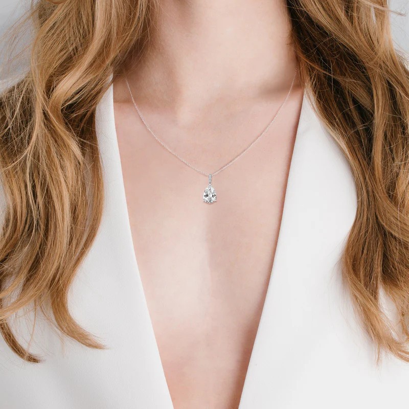 Crislu Sterling Silver Platinum Plated Necklace Cubic Zirconia Teardrop 19 Inch