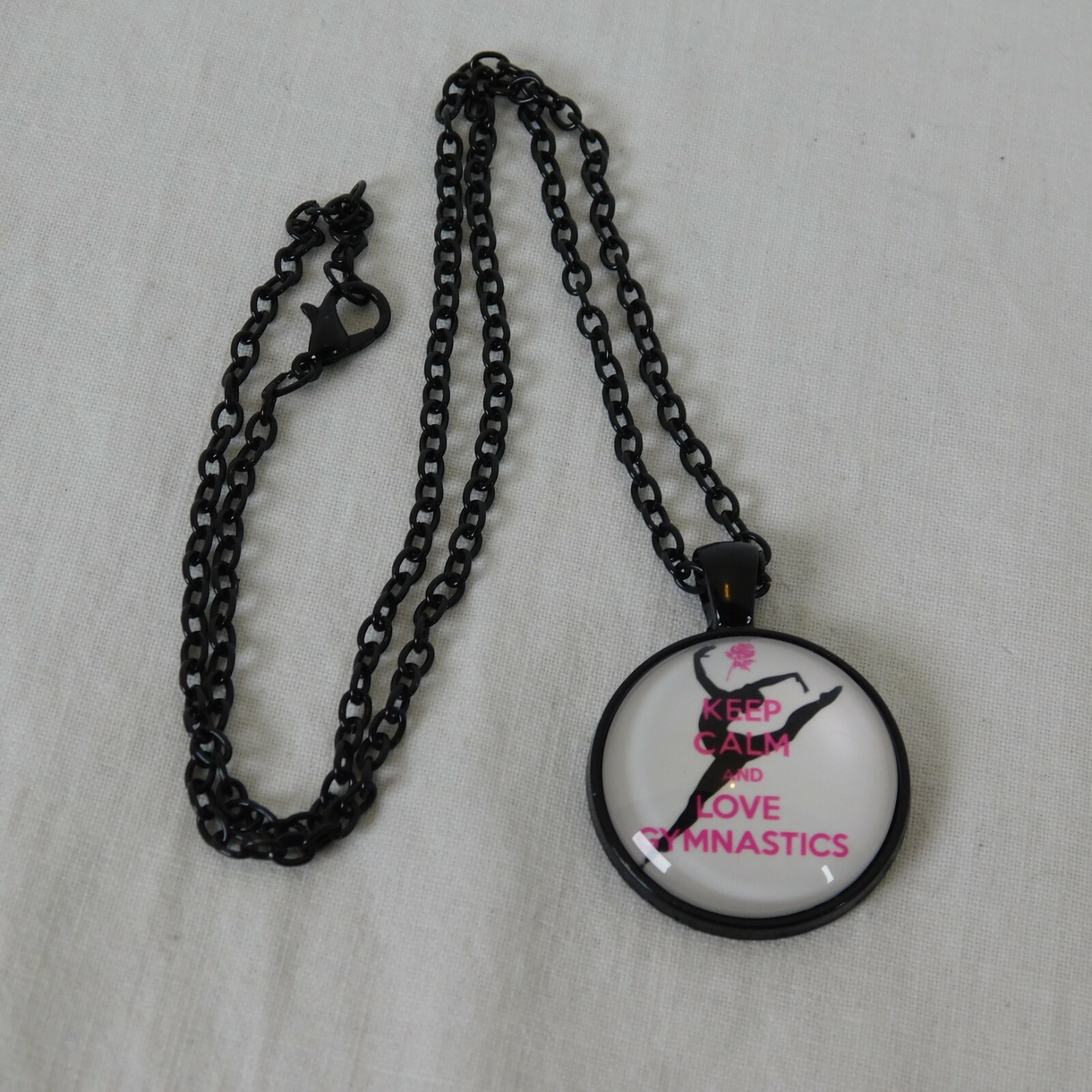 Keep Calm and Love Gymnastics Sports Black Cabochon Pendant Chain Necklace Round