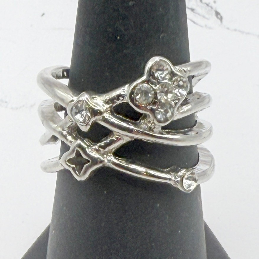 Silver Tone Wrap Ring Size 8 Floral Cluster Clear Rhinestone Band