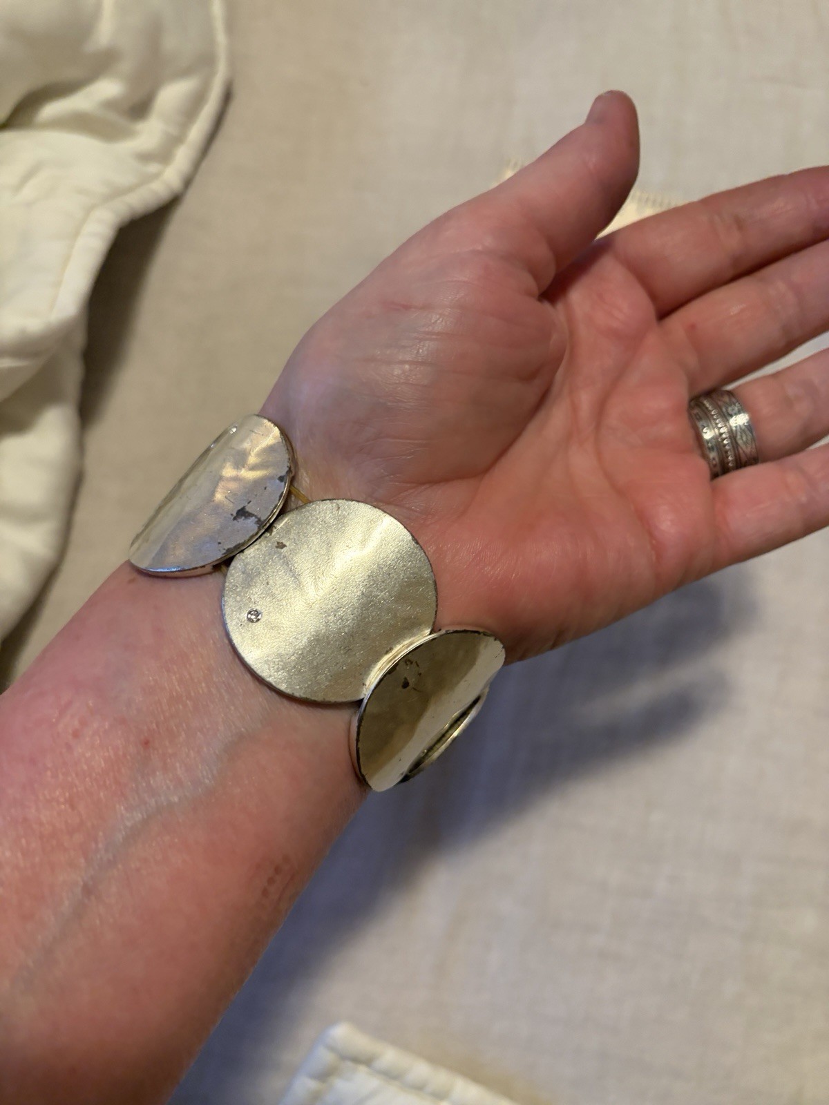 Silver Tone Round Disc Linked Open Cuff Bangle Bracelet Adjustable No Stone