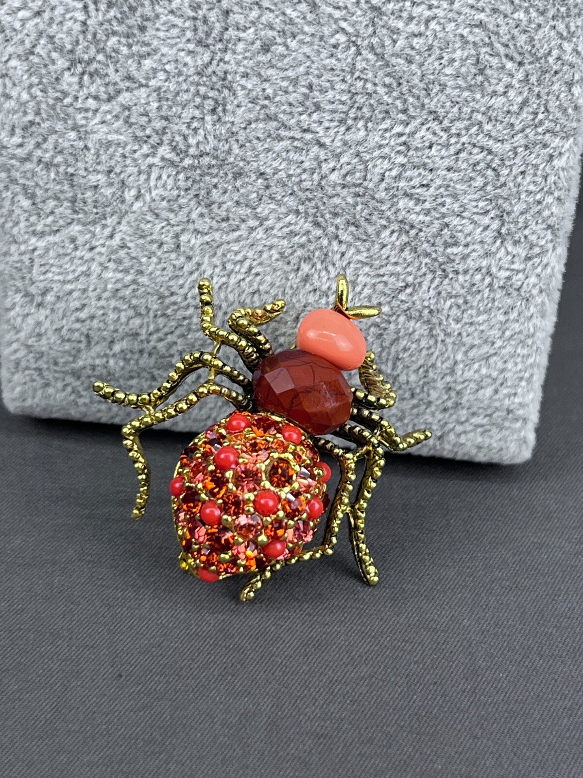 2 Joan Rivers Carnelian Spider & Faux Jade Just Do It Bee Brooches w/Crystals