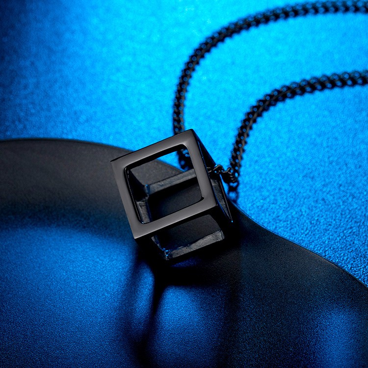 Men Women Hollow Cubic Necklace Stainless Steel Minimalist Pendant Box Chain