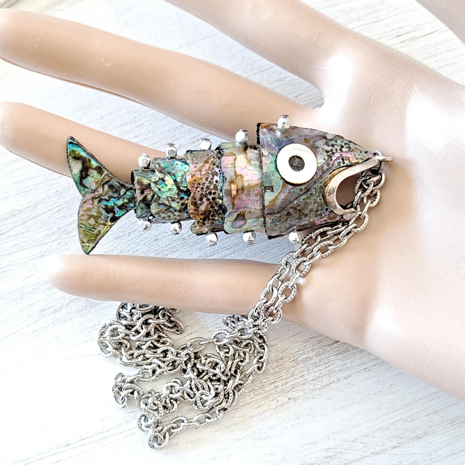 Vintage Abalone Tropical Fish Pendant Necklace: Articulated Nautical Jewelry