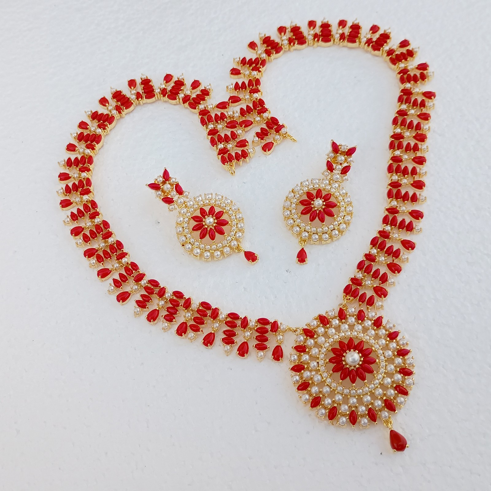 Bridal Long Coral Pearl Necklace Set 22K Gold Plated Luxury Anniversary Jewelry
