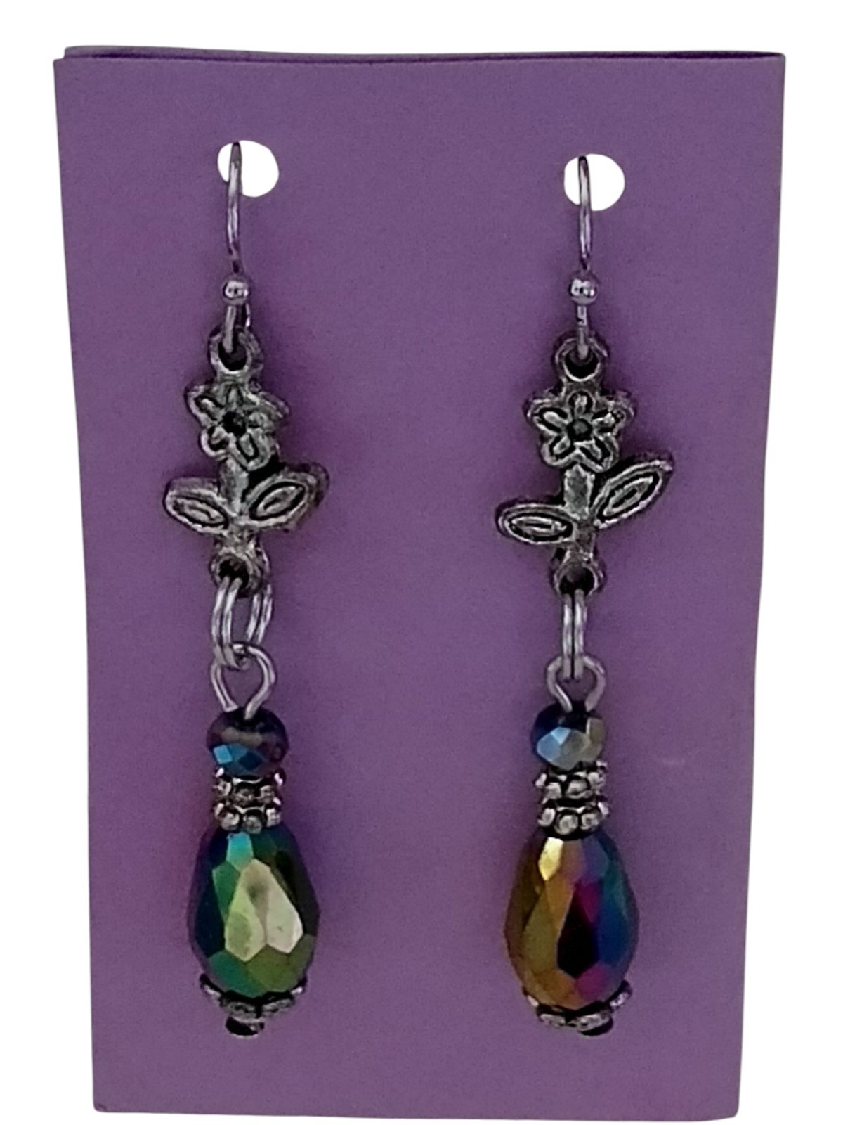 Handcrafted IRRIDESCENT BEADS SILVERTONE FLOWERS Double-Sided Dangle Earrings
