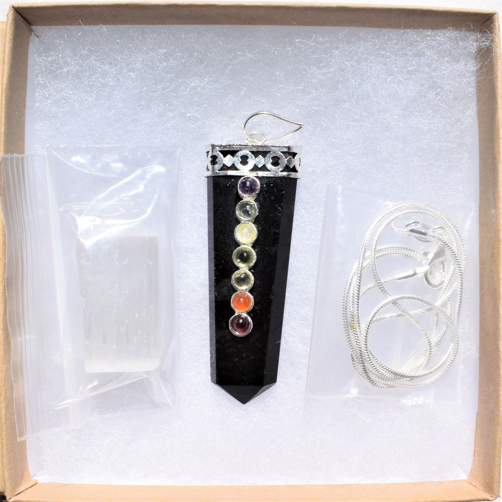 CHARGED 7 Chakra Himalayan Black Tourmaline Pendant + 20″ Stainless Steel Chain