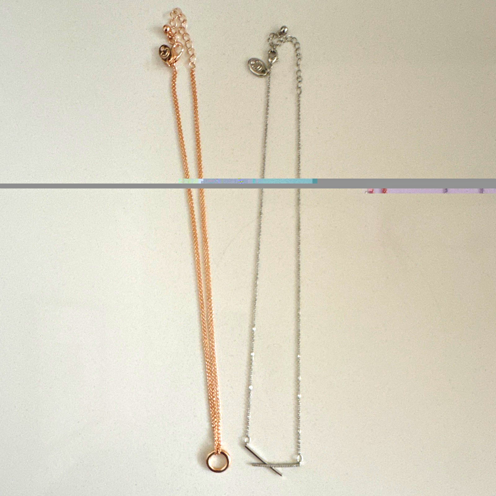 2pc Cable Chain Necklaces Circle & Bar Pendants Crystal Rose Gold/Silver 9” long