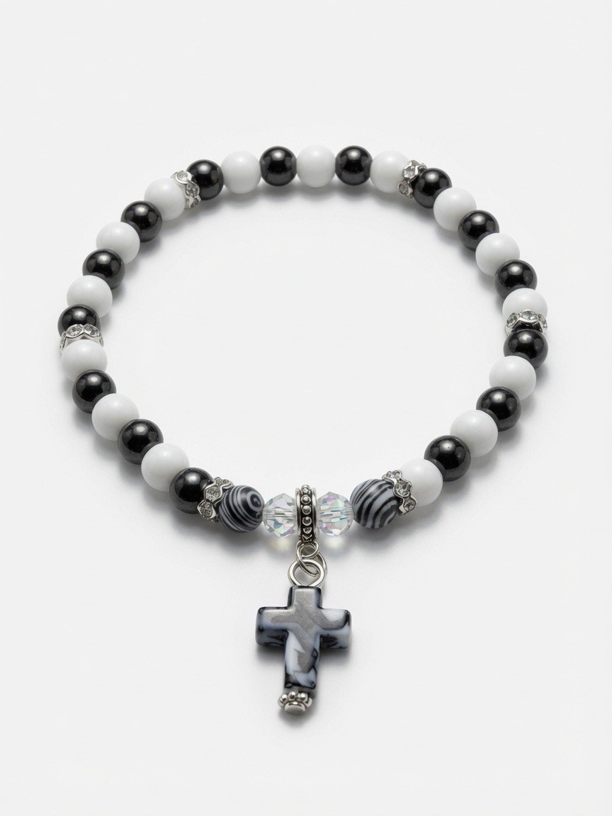 Black & White Beaded Bracelet w/ Silver Cross Religious Dangle Charm