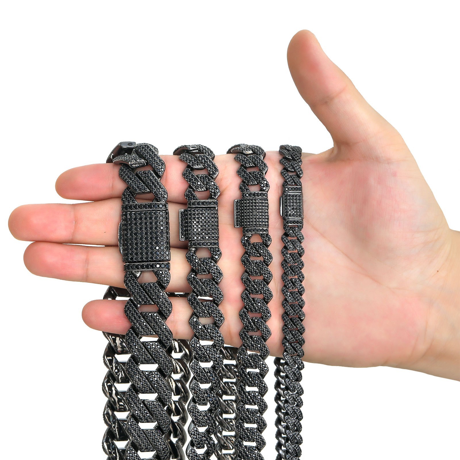 10/13/15/20mm Black Zircon Cuban Link Brass Necklace Bracelet Black Gold Plating
