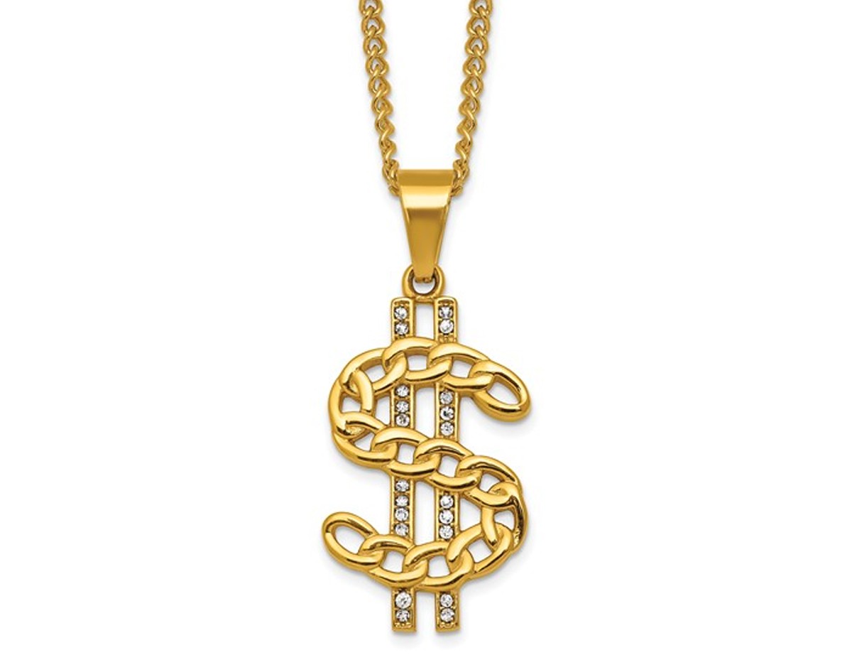 Yellow Plated Stainless Steel Dollar Sign Charm Pendant Necklace with Chain (24