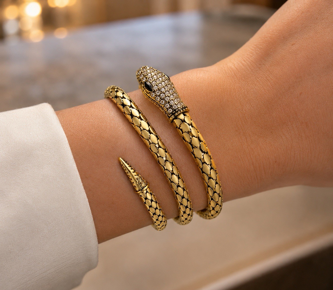 Vintage Gold Tone Mesh Snake with Clear Rhinestones Wrap Statement Bracelet