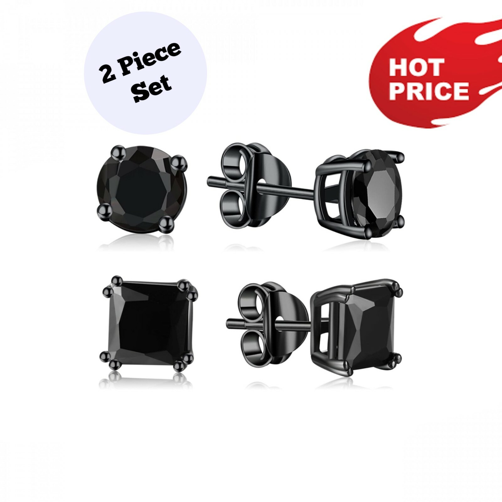Sterling Silver Stud Earrings Cubic Zirconia Round Men Women 2PC CZ Earrings Set