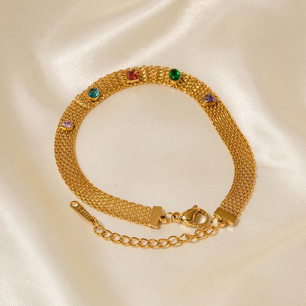 SET Woman 18k Gold Plated Multicolor CZ Mesh Braided Necklace Chain/Bracelet