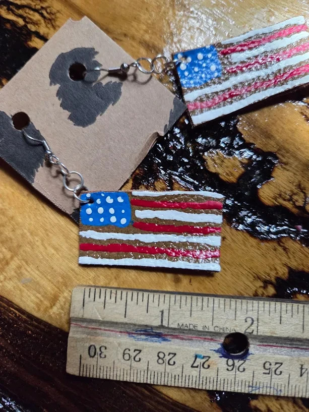 Handmade & Hand-painted USA 250 Real Leather Suede Flag Earrings Style #1