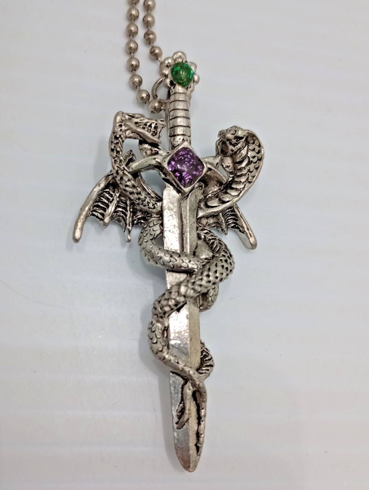 CCI Dragon Sword Pendant Necklace Gothic Fantasy Silver Tone 2 1/2 Inch