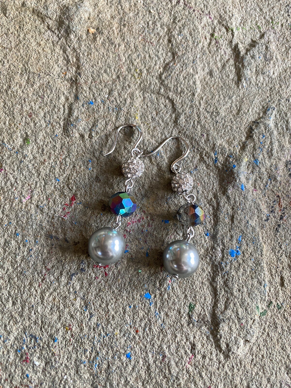 Dangle Earrings Rhinestone Silver Plated Pearl 2 Inches Glam Faceted Grey
