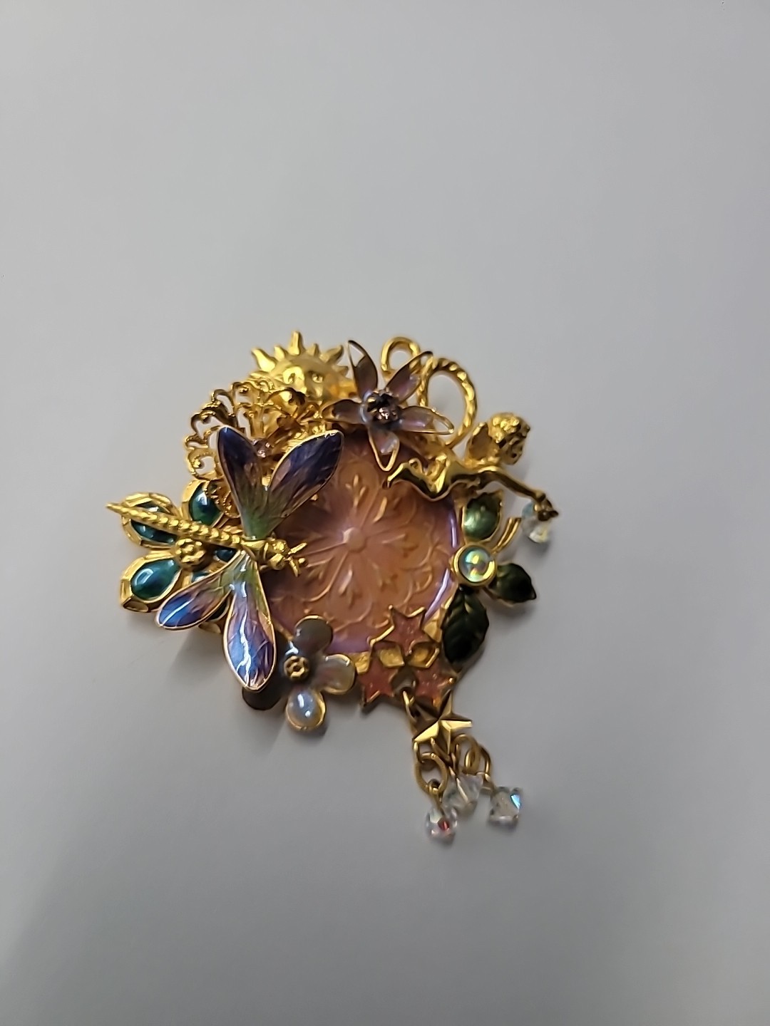 Vintage Kirks Folly Fairy Dragonfly Garden Brooch Iridescent Medallion Retired