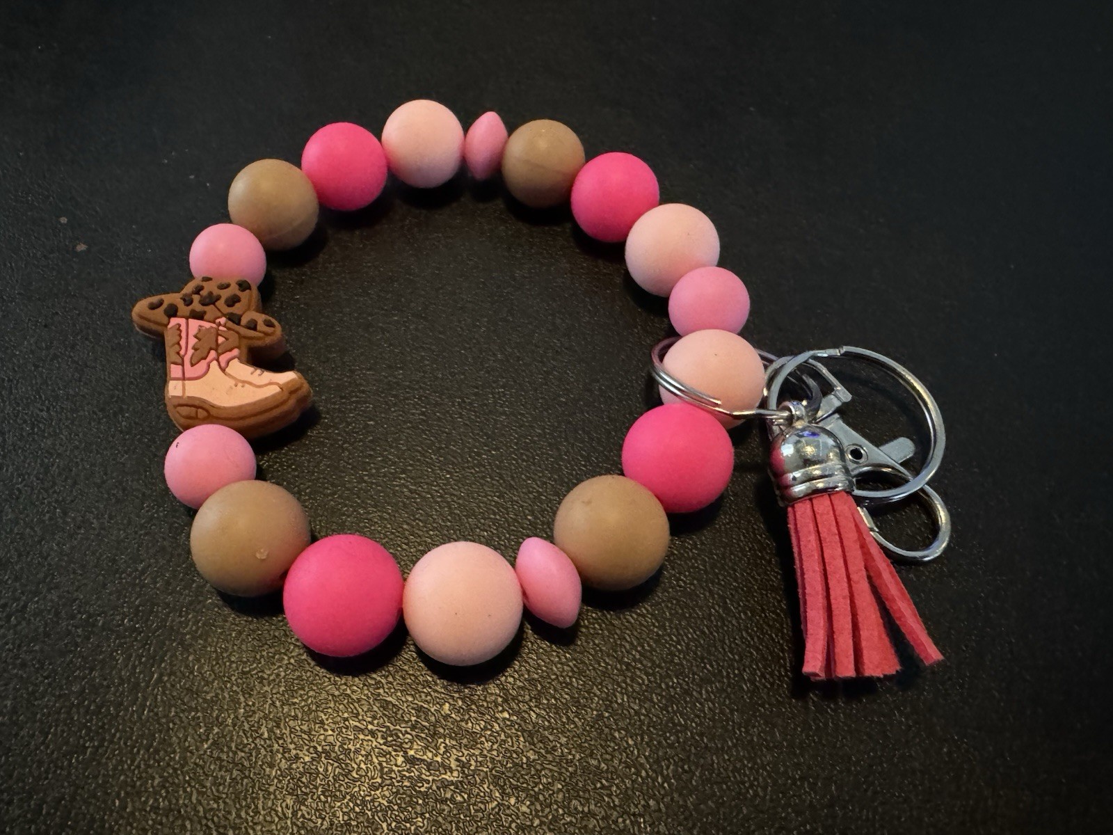 Handmade Pink Brown Cowboy Boot & Hat Keychain with Tassel