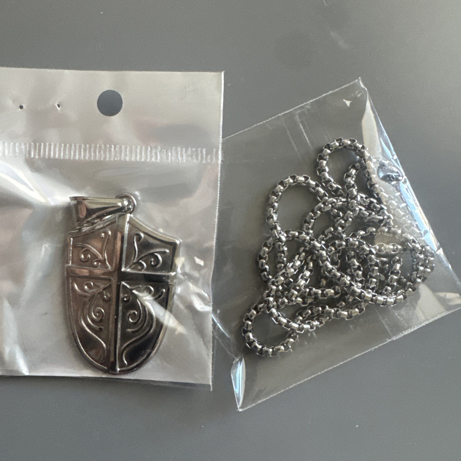 Cross Shield Viking Stainless Steel Pendant 24 Inch Box Chain Religious Faith