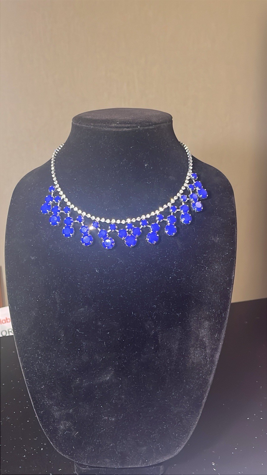 Beautiful Crystal Collar Necklace W/cobalt Blue & Clear Rhinestones 16 1/2 “