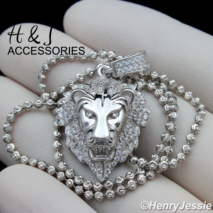 18″-30″MEN 925 STERLING SILVER 2MM MOON CUT BEADED CHAIN CZ LION PENDANT*SP185