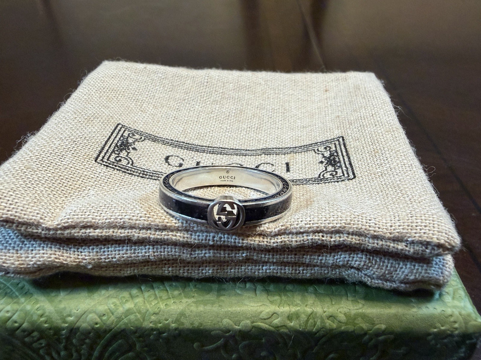New Authentic Gucci GG Logo Silver Black Ring Size IT 17 / US 8