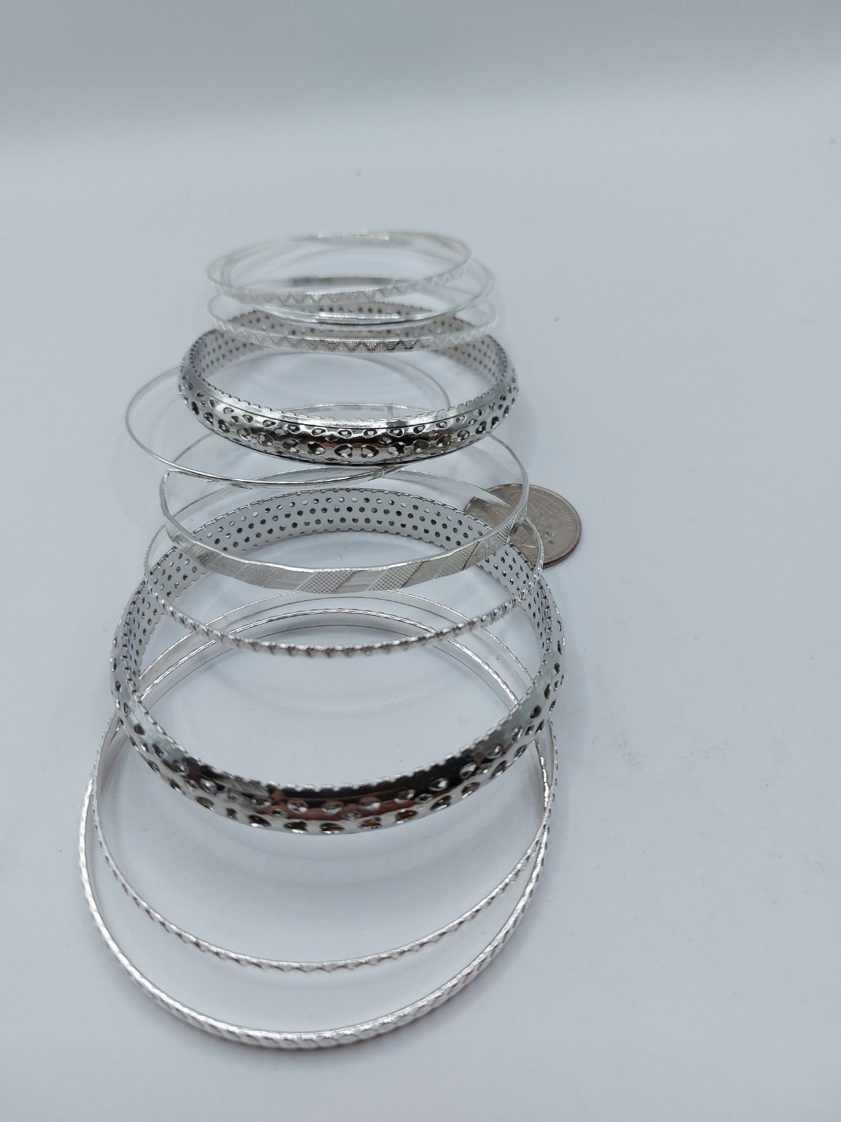 11 Silvertone Bangle Bracelet Set Multiple Designs Widths SZ8 Wear Mix Match
