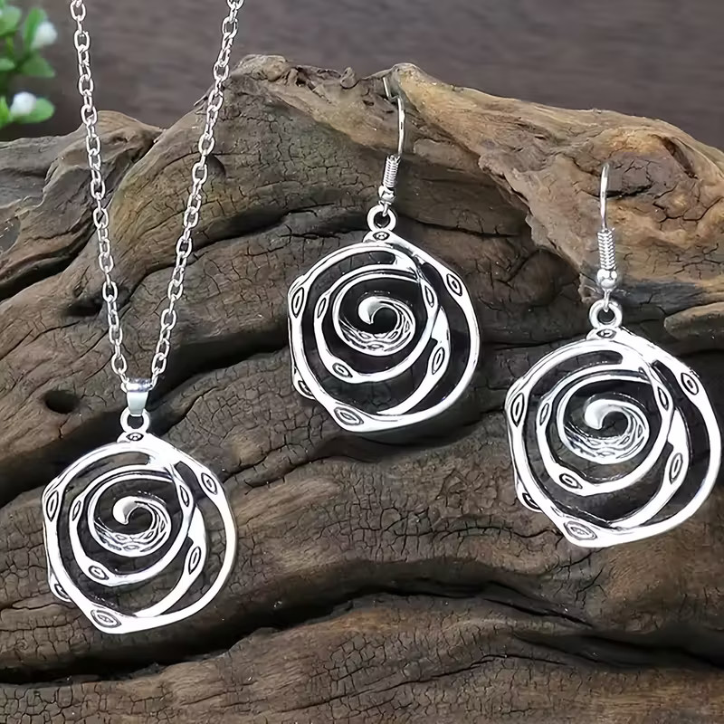 Rose Spiral Love Jewelry Vintage-Silvery Retro Pendant Necklace and Earrings Set