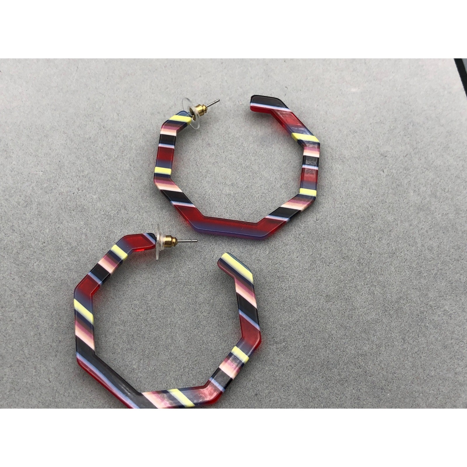 Hoop Earrings Set Multicolor Striped Octagon Cream Marbled Acrylic Resin