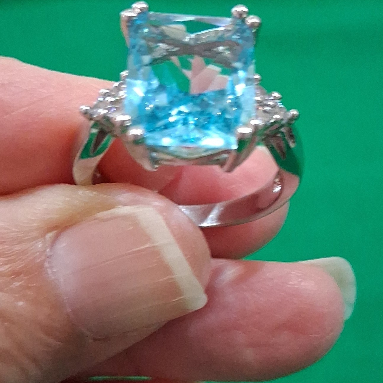 Silver Tone Cocktail Ring Cushion-Cut Blue Crystal Prong Set Size 7