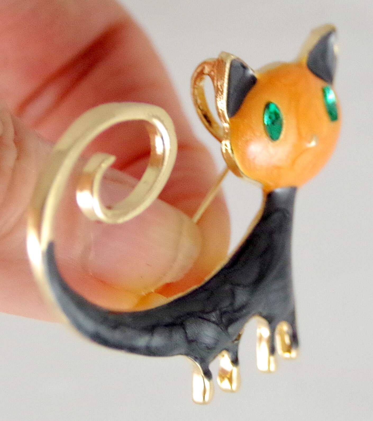 2″ ORANGE & BLACK CAT RHINESTONE EYES ENAMEL GOLD HALLOWEEN BROOCH PENDANT COMBO