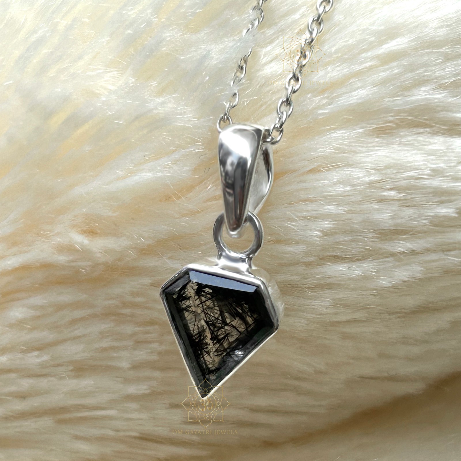 Pentagon Black Rutile Quartz Pendant Sterling Silver Handmade Jewelry 8mm