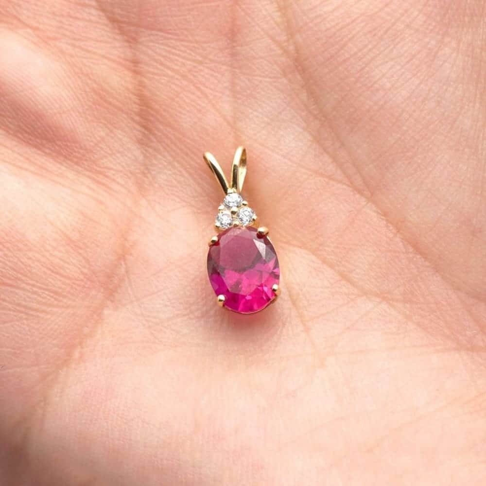 14k Yellow Gold 2.2Ct CZ & Oval Ruby Solitaire Charm Pendant 0.8″