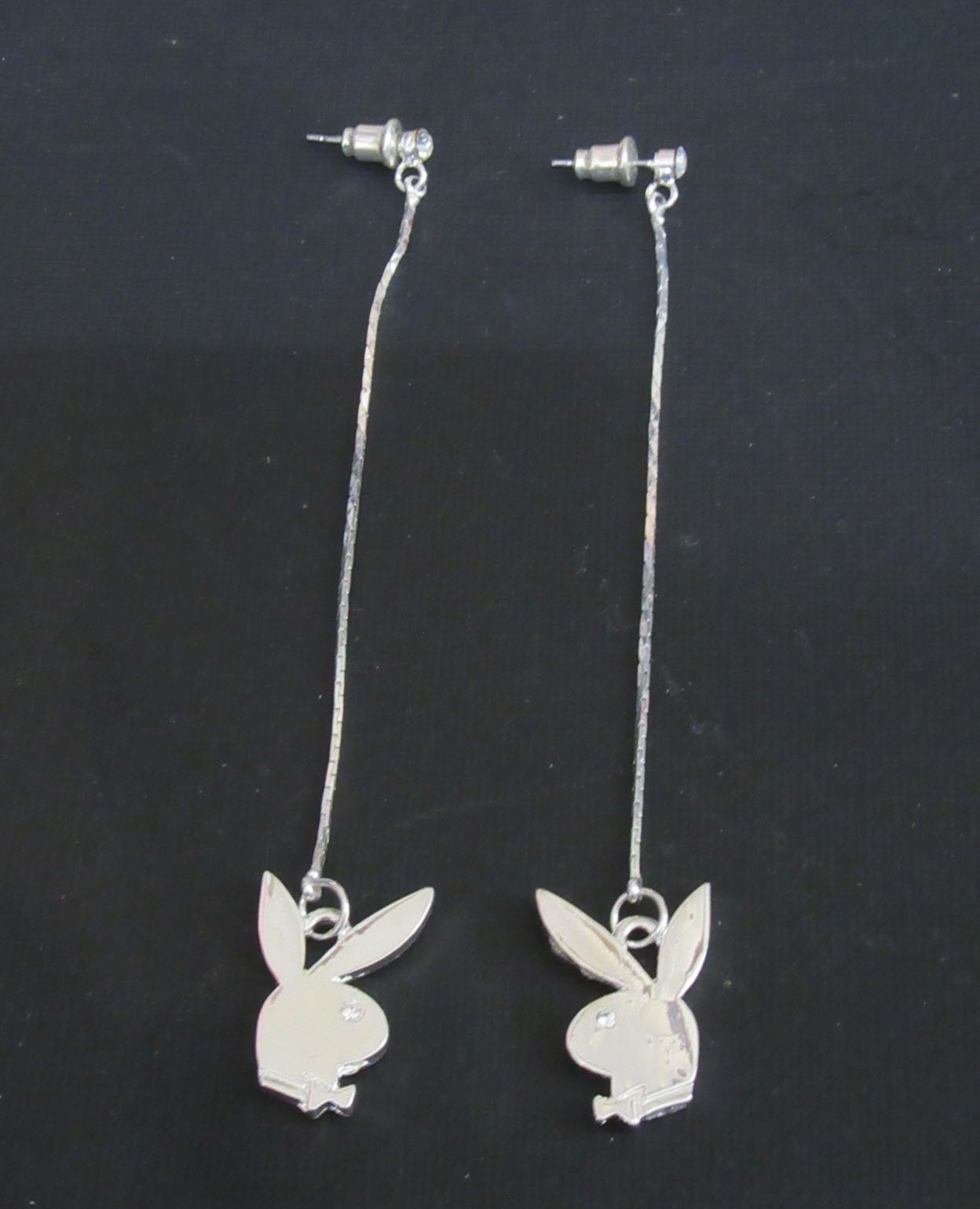 Playboy Bunny Long Threader Dangle Earrings Silver Tone Rhinestone Y2K