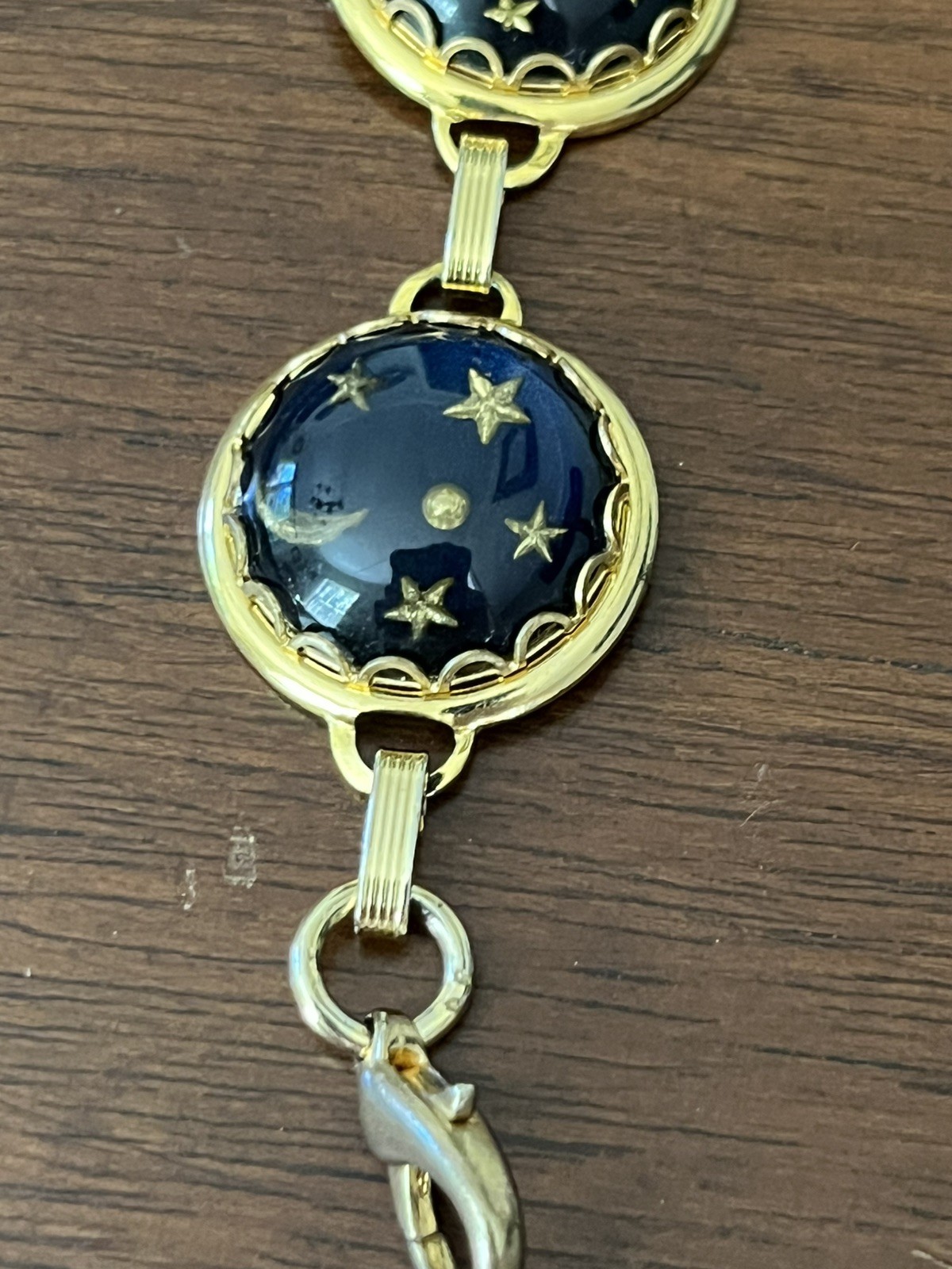 Blue and Gold Tone Celestial Bracelet Moon Stars Glass Dome 7.25″