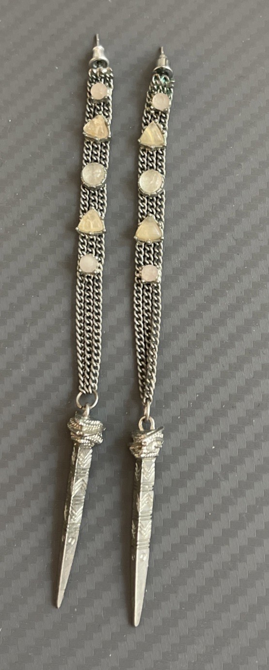 Vintage Goth Punk Metal Dagger Chain Gem Stone Earrings Silver Tone 5” Long