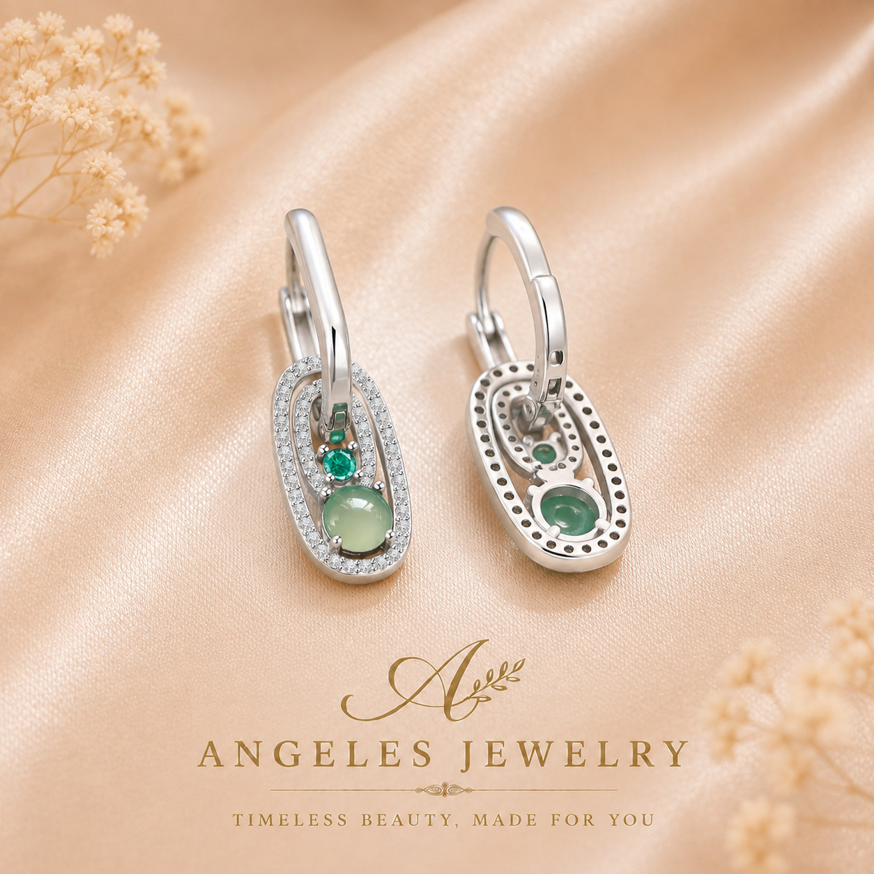 Natural Jadeite Jade Crystal Drop Dangle Earrings Gemstone 18K White Gold Plated