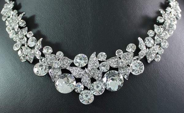 BUTTERFLIES CLEAR AUSTRIAN RHINESTONE CRYSTAL NECKLACE EARRING SET BRIDAL N1625