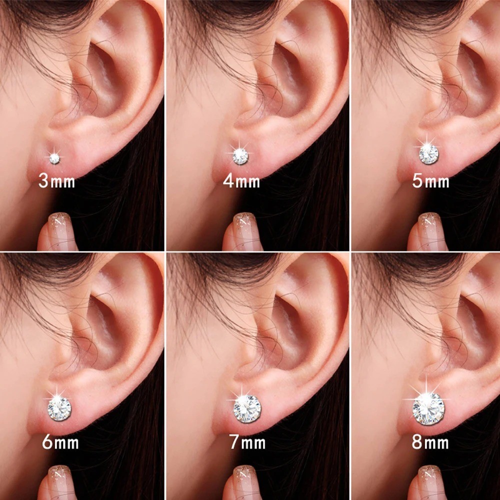 Solid 925 Sterling Silver Round Cubic Zirconia Clear CZ Stud Earrings 2-8mm USA