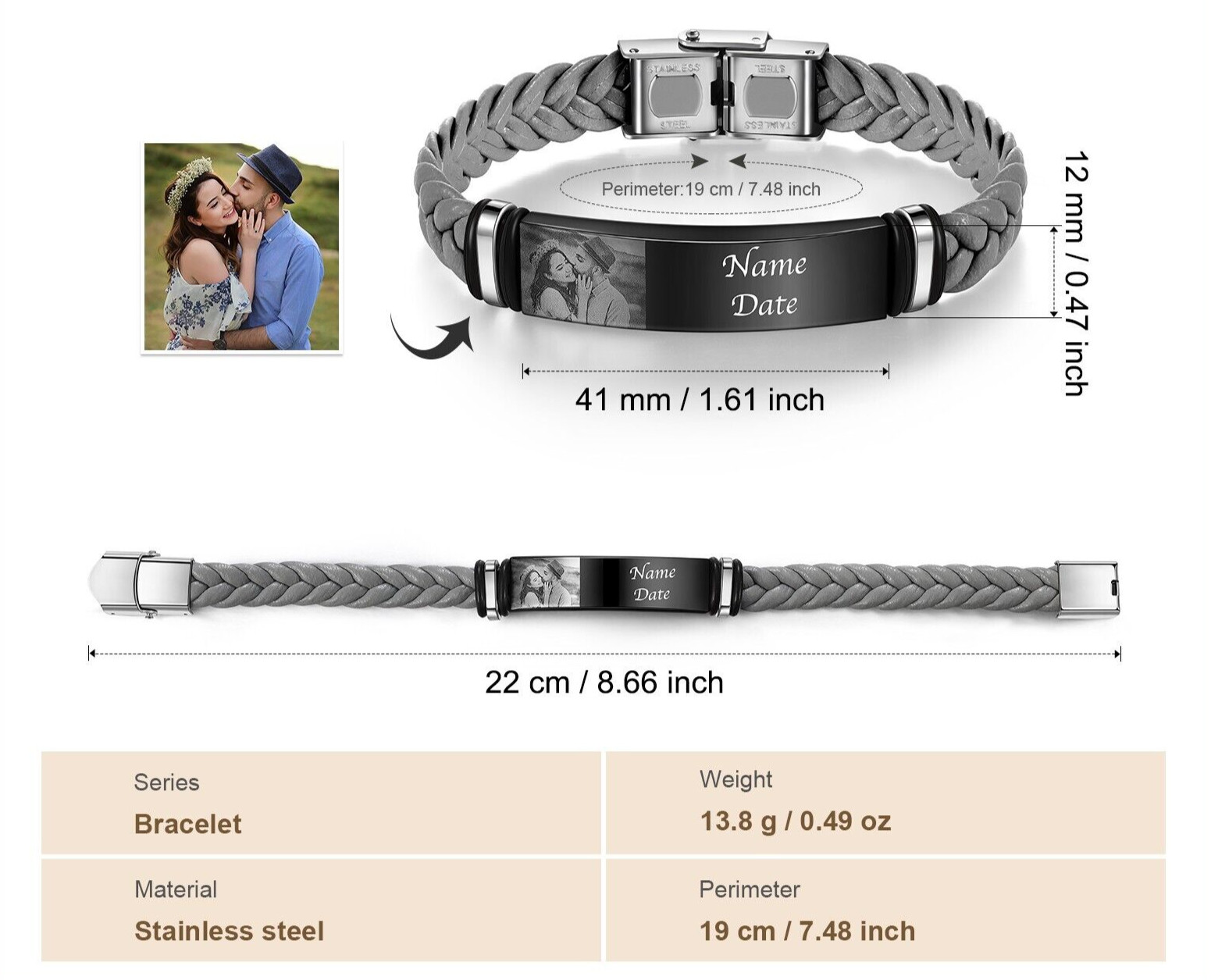 Custom Engraved Photo Bracelet – Engrave Name/Date Choice: Black, Brown or Gray