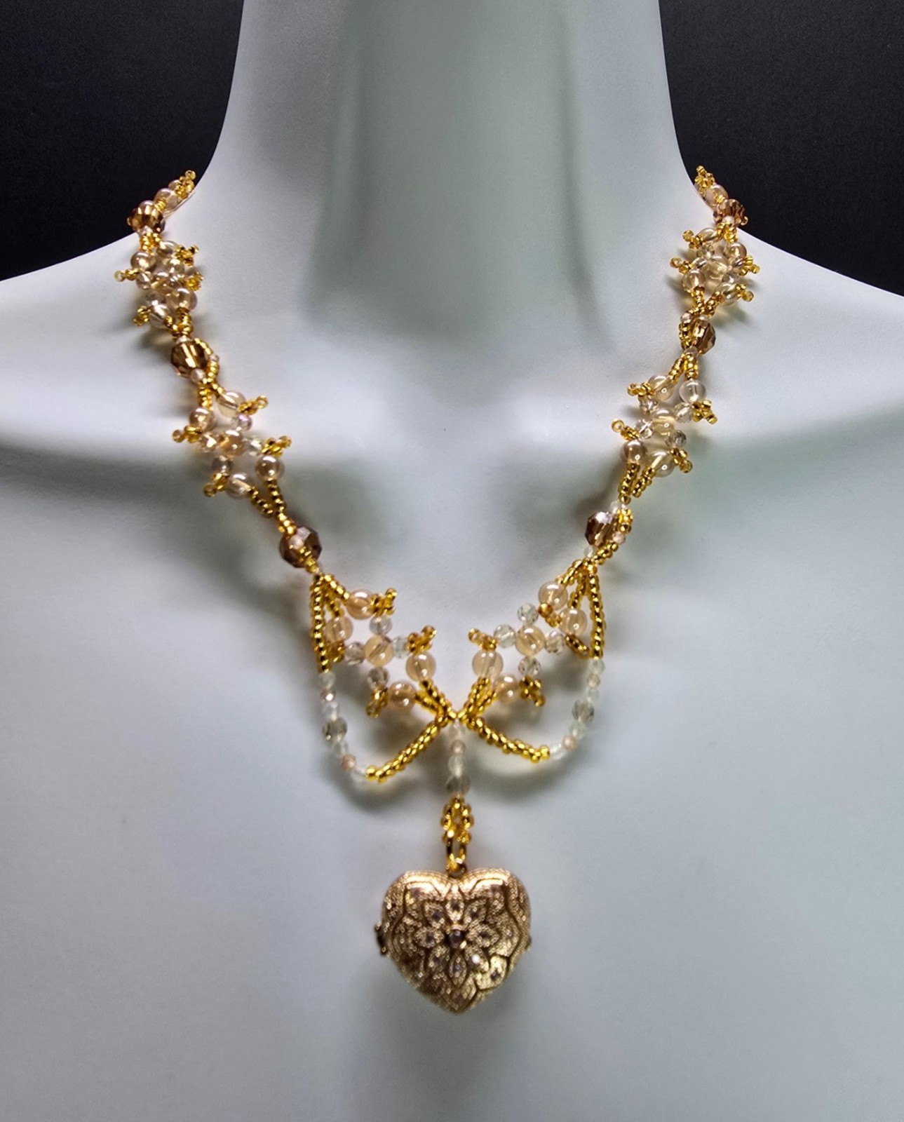 Handcrafted 18k Gold Plated Heart Locket Peach Zircon & Prehnite Beaded Necklace