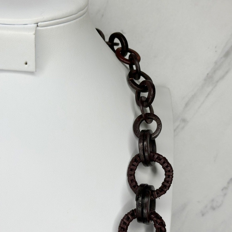Dark Brown Wood Ring Link Cord Wrapped Chain Necklace Boho Artisan 30″ Slip On
