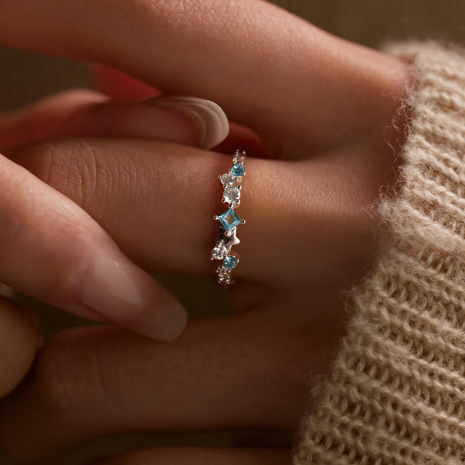 S925 Sterling Silver Aquamarine Ring for Women, Star Blue CZ Stackable Births…