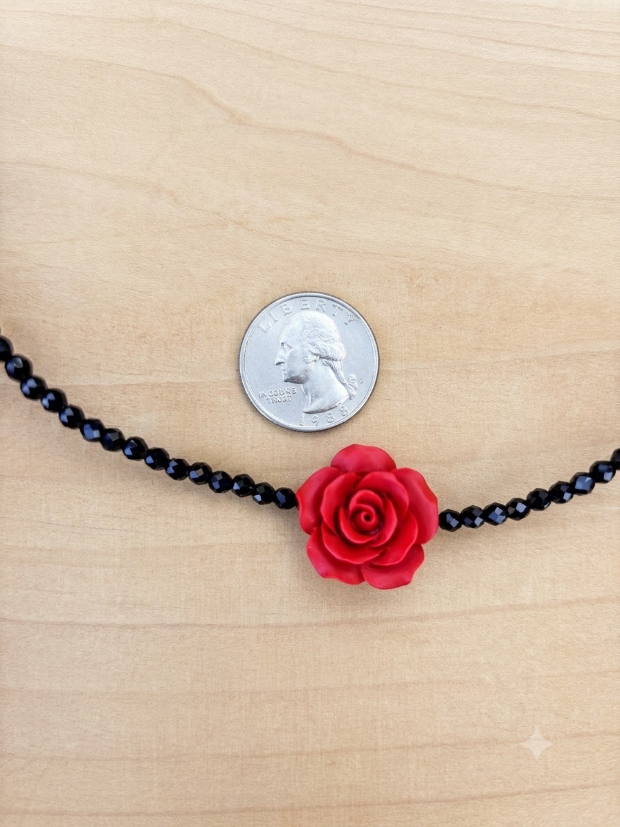 Handmade Black Spinel Faceted Choker Necklace with Large 26mm Red Rose Flower