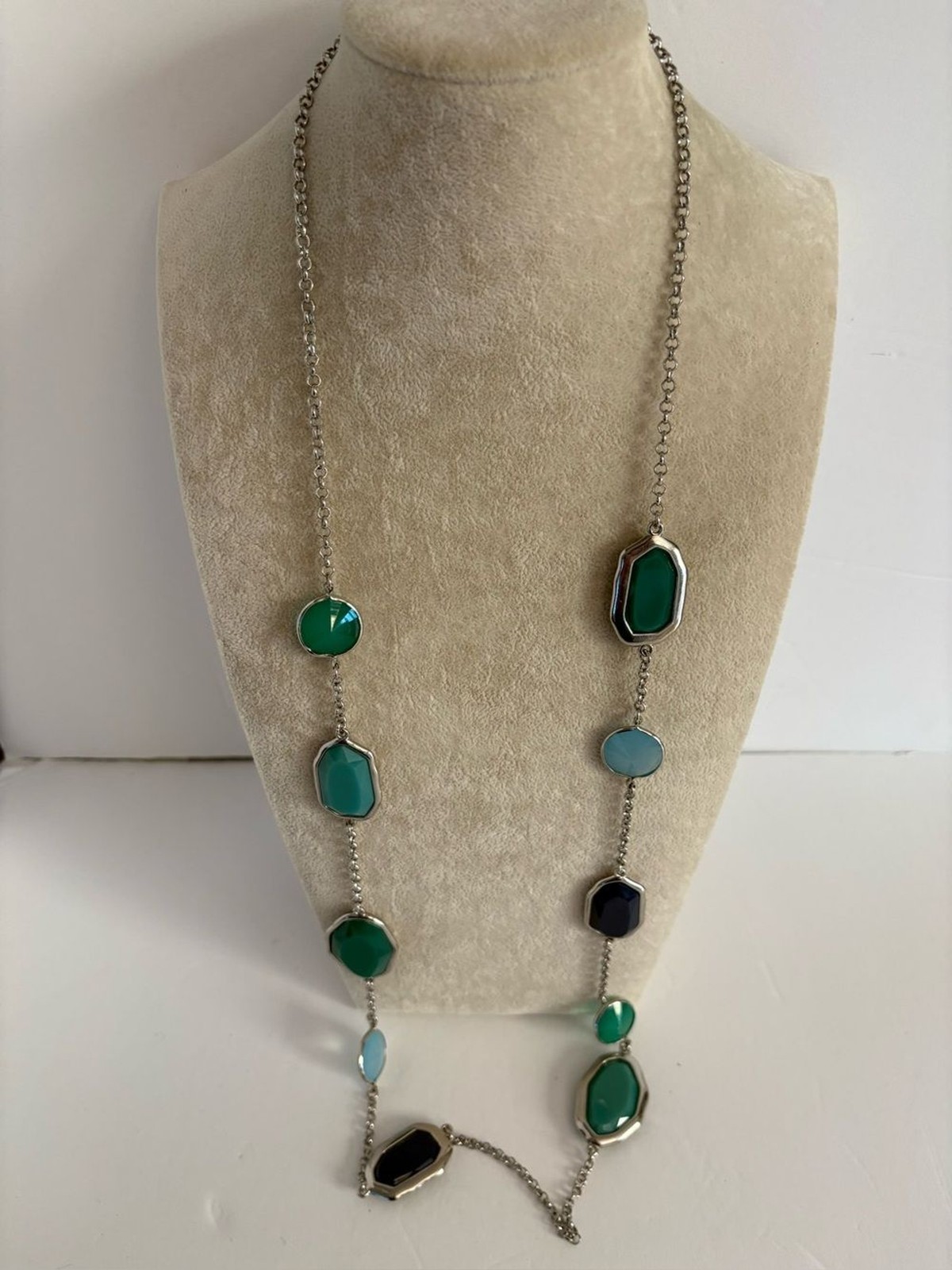 Premier Designs Teal Blue Station Necklace Silver Tone Faceted Stone Necklace