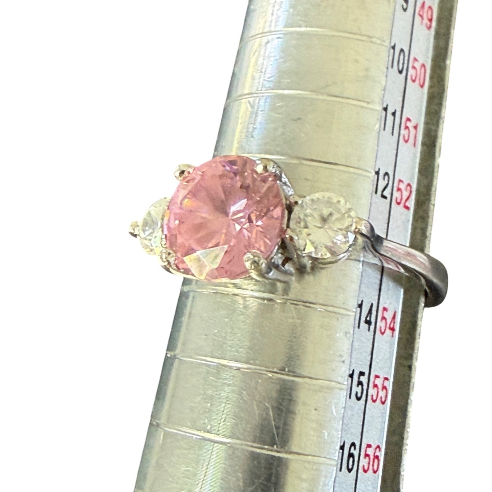 Sterling Silver Pink & White CZ Three-Stone Ring Oval Cut Size 9 Classic Design
