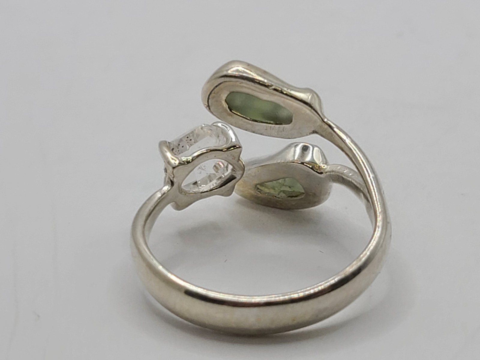 Double Moldavite & Herkimer Diamond Ring 925 Sterling Healing Gemstone Ring