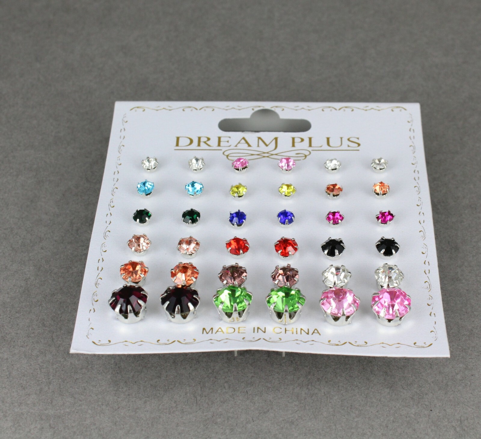 18 pair round faceted stud post crystal earrings graduated size multi color set
